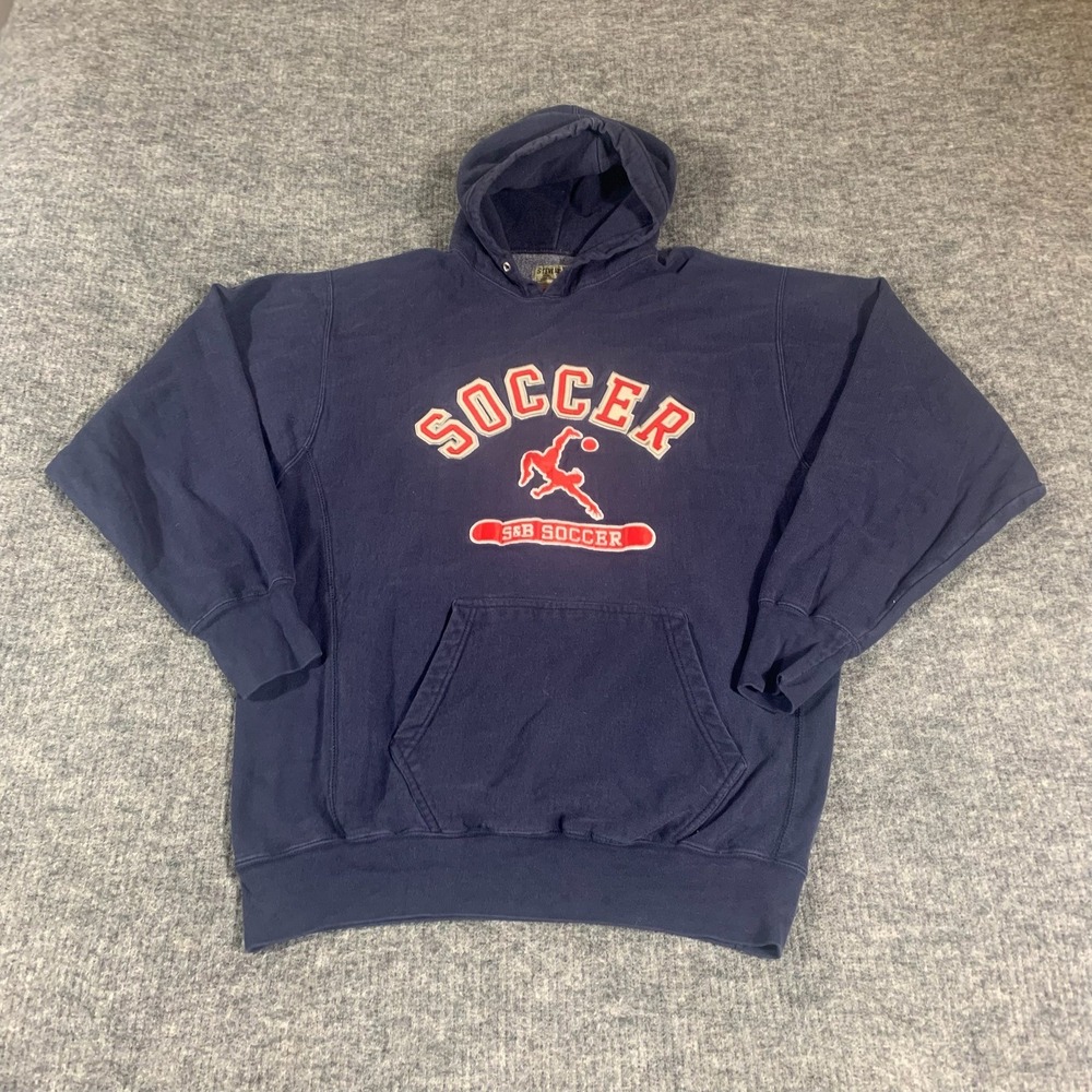 Steve Barrys Hoodie Mens Large Blue Y2K Soccer Embroidered Heavyweight Pullover
